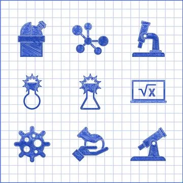 Set Test tube and flask, Telescope, Square root of x glyph, Virus, Microscope Illustrazione stock