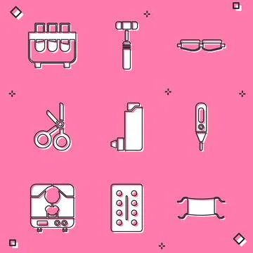 Set Test tube and flask, Neurology reflex hammer, Safety goggle glasses, Medical Stock Illustration