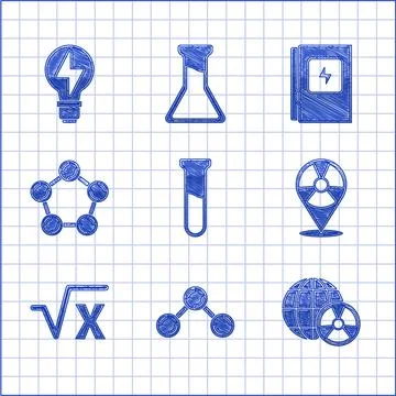 Set Test tube and flask, Molecule, Planet earth radiation, Radioactive in Stock Illustration