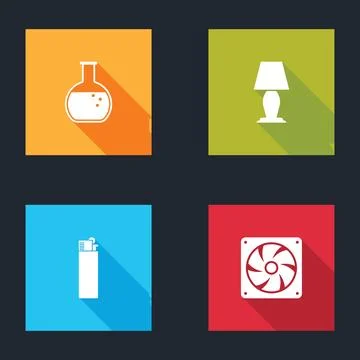 Set Test tube and flask, Table lamp, Lighter and Computer cooler icon. Vector Stock Illustration