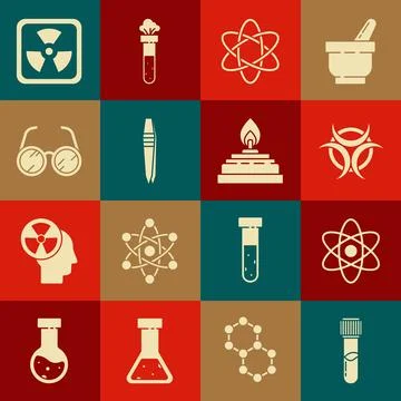 Set Test tube and flask chemical, Atom, Biohazard symbol, Tweezers, Laborat.. Stock Illustration