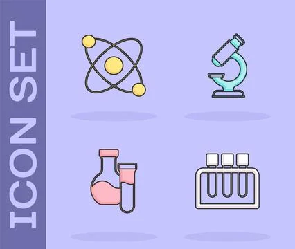 Set Test tube, Atom, and Microscope icon. Vector Stock Illustration