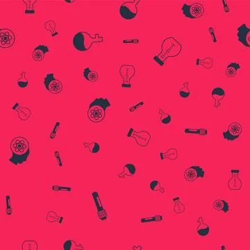 Set Test tube, Atom and  on seamless pattern. Vector Stock Illustration