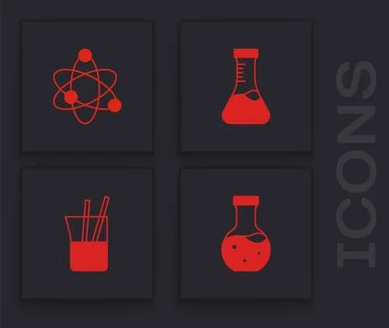 Set Test tube, Atom,  and Laboratory glassware icon. Vector 스톡 일러스트