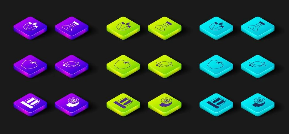 Set Test tube, Atom, Apple, Planet Saturn,  and Magnet icon. Vector Stock Illustration