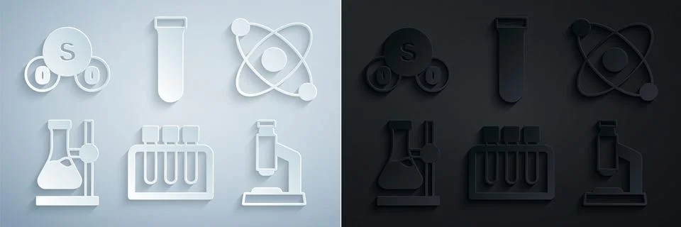 Set Test tube, Atom, flask on stand, Microscope, and Sulfur dioxide SO2 icon イラスト素材
