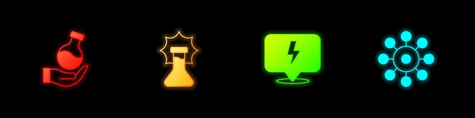 Set Test tube, Explosion in the flask, Lightning bolt and Virus icon. Vector Stock Illustration