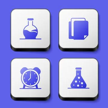 Set Test tube, File document, Alarm clock and icon. White square button. Vector 库存插图