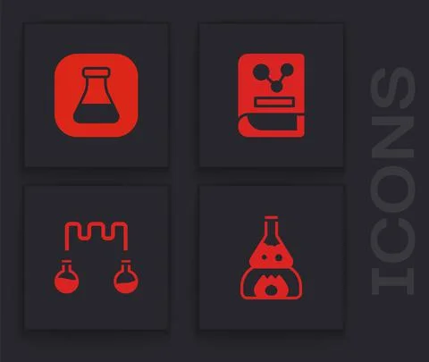 Set Test tube flask on fire, and, Chemistry book and icon. Vector Ilustración de archivo