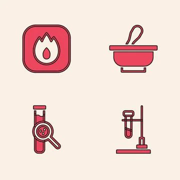 Set Test tube flask on fire, Fire flame, Mortar and pestle and icon. Vector イラスト素材