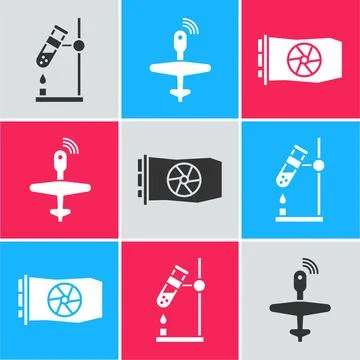 Set Test tube flask on fire, UAV Drone and Video graphic card icon. Vector Stock Illustration