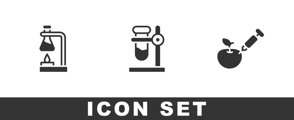 Set Test tube flask on fire, stand and Genetically modified apple icon. Vector Illustrazione stock