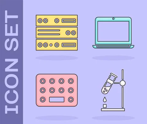 Set Test tube flask on fire, Server, Data, Web Hosting, Pills in blister pack Stock Illustration