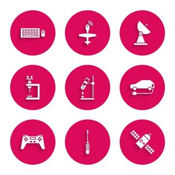 Set Test tube flask on fire, Screwdriver, Satellite, Electric car, Gamepad Stock Illustration