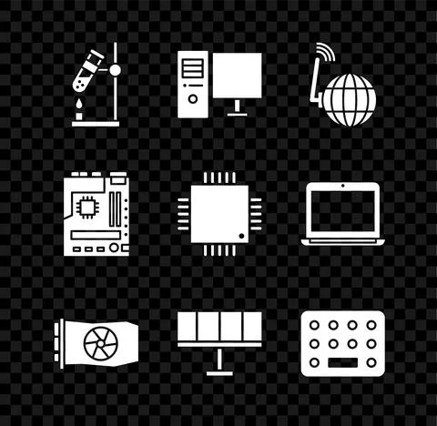 Set Test tube flask on fire, Computer monitor, Social network, Video graphic Illustrazione stock