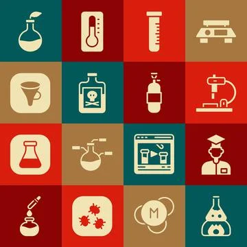 Set Test tube flask on fire, Laboratory assistant, Microscope, and, Poison in Illustrazione stock