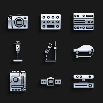 Set Test tube flask on fire, Smartwatch, Motion sensor, Electric car Stock Illustration