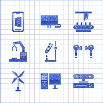 Set Test tube flask on fire, Computer monitor, Motion sensor, Air headphones Stock Illustration