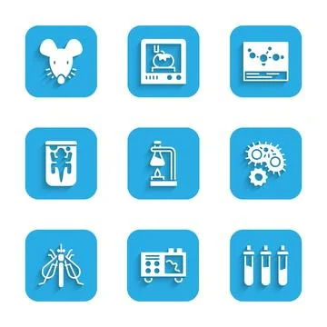 Set Test tube flask on fire, Spectrometer, Reagent bottle, Virus, Experimen.. Stock Illustration