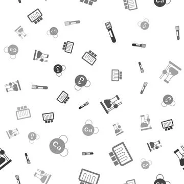 Set Test tube, flask on stand and Mineral Ca Calcium on seamless pattern. Vector Illustrazione stock
