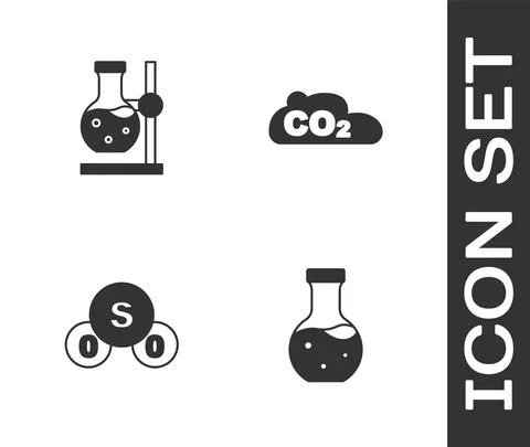 Set Test tube, flask on stand, Sulfur dioxide SO2 and CO2 emissions in cloud Illustrazione stock