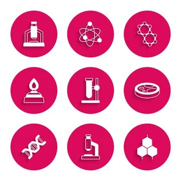 Set Test tube flask on stand, Microscope, Chemical formula, Petri dish with 스톡 일러스트