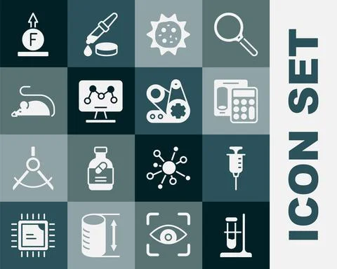 Set Test tube flask on stand, Syringe, Calculator, Virus, Genetic engineering Illustrazione stock