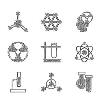Set Test tube flask on stand, Molecule, Atom, Microscope, Radioactive, Head Stock Illustration