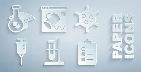 Set Test tube flask on stand, Virus, Syringe, To do list or planning, Data Stock Illustration