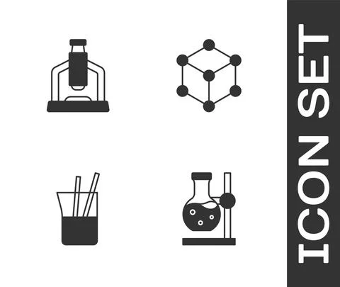 Set Test tube flask on stand, Microscope, Laboratory glassware and Molecule icon Illustrazione stock