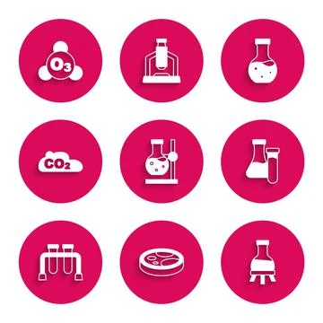 Set Test tube flask on stand, Petri dish with bacteria, CO2 emissions in cloud Stock Illustration