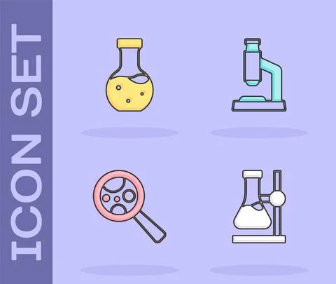 Set Test tube flask on stand, Microorganisms under magnifier and Microscope icon 스톡 일러스트