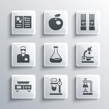 Set Test tube flask on stand, fire, Microscope, Electronic scales, Laboratory Illustrazione stock