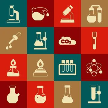 Set Test tube flask on stand, Atom, Microscope, Pipette, and CO2 emissions in イラスト素材