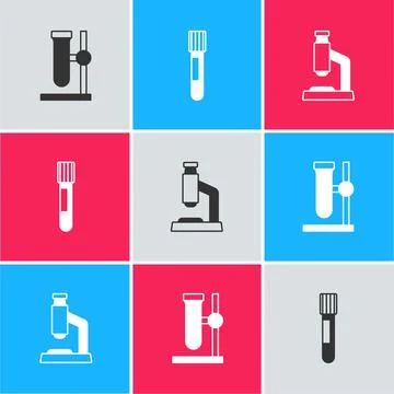 Set Test tube flask on stand, and Microscope icon. Vector Illustrazione stock