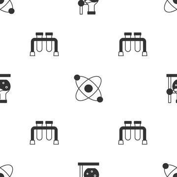 Set Test tube flask on stand, Atom and on seamless pattern. Vector Illustrazione stock