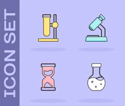 Set Test tube, flask on stand, Old hourglass and Microscope icon. Vector Stock Illustration