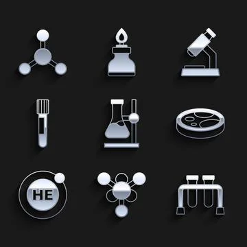 Set Test tube flask on stand, Molecule, Petri dish with bacteria, Helium, Mic 库存插图