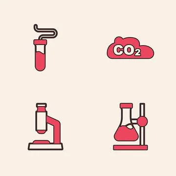 Set Test tube flask on stand, CO2 emissions in cloud and Microscope icon. Vec Stock Illustration