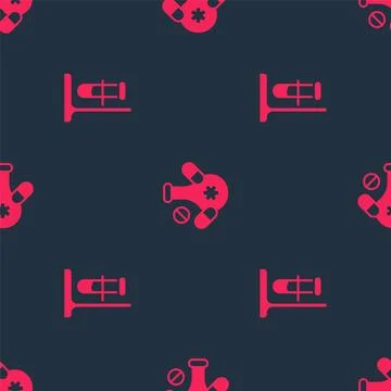 Set Test tube flask on stand and Medicine pill on seamless pattern. Vector イラスト素材