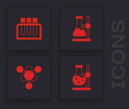 Set Test tube flask on stand,  and Molecule icon. Vector 스톡 일러스트