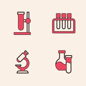 Set Test tube, flask on stand,  and Microscope icon. Vector Illustrazione stock
