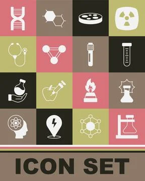 Set Test tube flask on stand, Explosion in the, Petri dish with bacteria, M.. Stock Illustration
