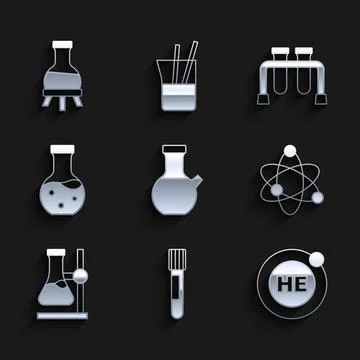 Set Test tube, Helium, Atom, flask on stand, and icon. Vector Stock Illustration