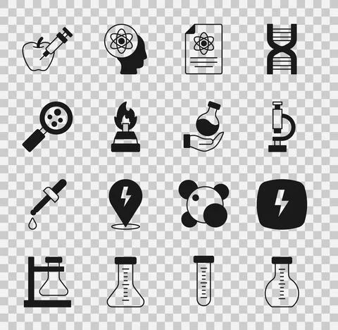 Set Test tube, Lightning bolt, Microscope, Chemistry report, Alcohol spirit Stockillustratie
