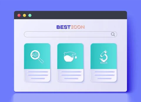 Set Test tube, Microorganisms under magnifier and Microscope icon. Vector イラスト素材