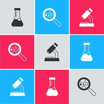 Set Test tube, Microorganisms under magnifier and Microscope icon. Vector 스톡 일러스트
