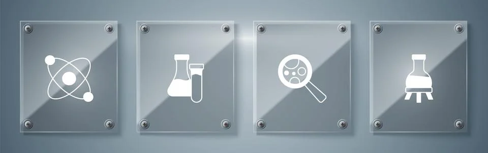 Set Test tube, Microorganisms under magnifier,  and Atom. Square glass pane.. Illustrazione stock