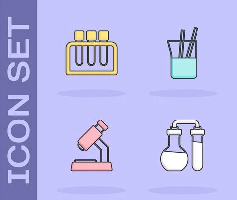 Set Test tube, Microscope and Laboratory glassware icon. Vector イラスト素材