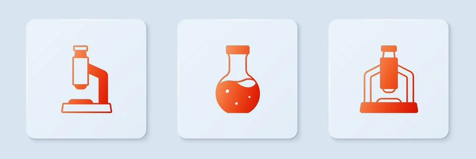 Set Test tube, Microscope and . White square button. Vector Illustrazione stock